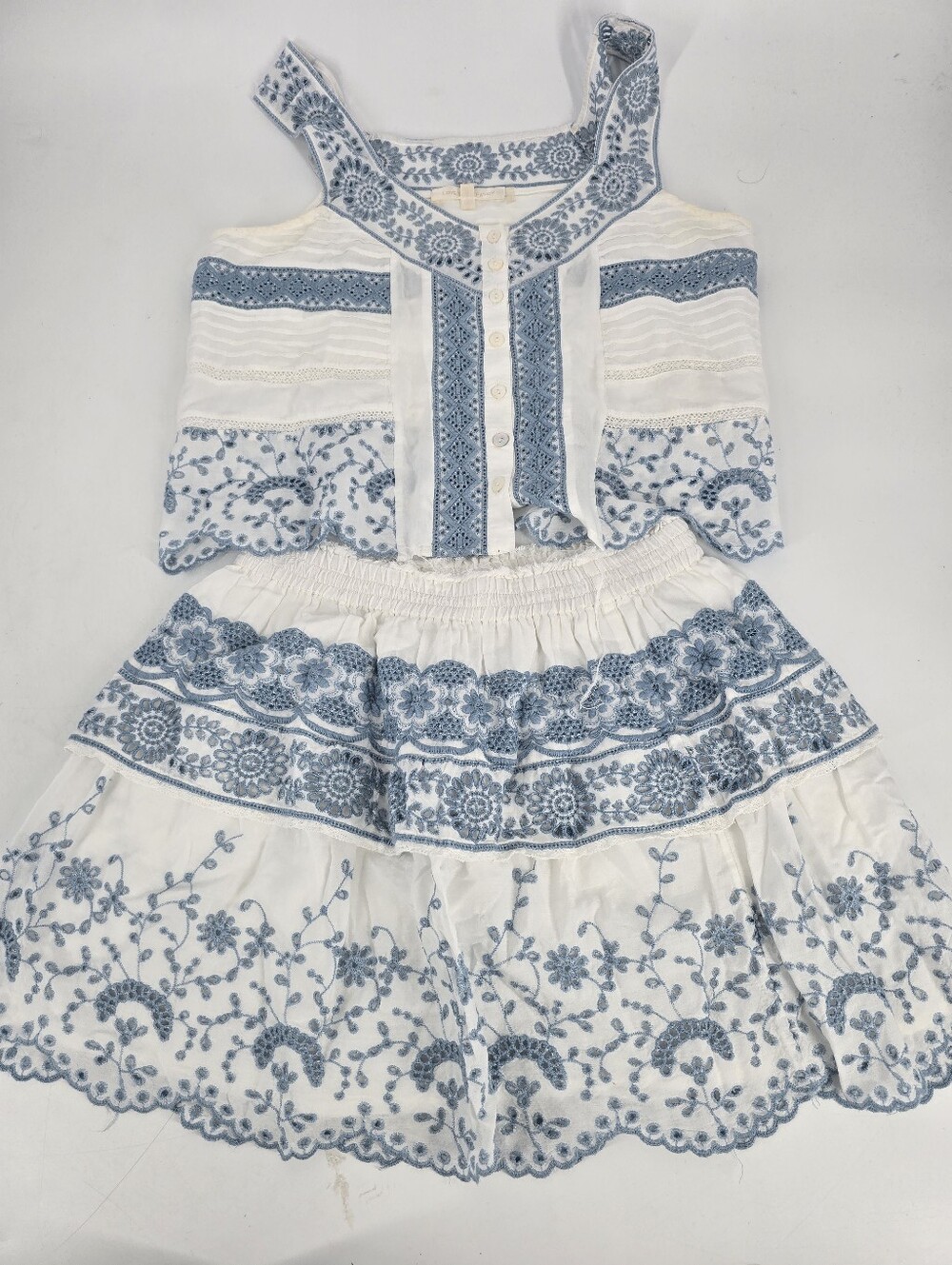 LoveShackFancy Breccan Tank Charmaine Mini Tiered Skirt in Ivory Shores Blue S